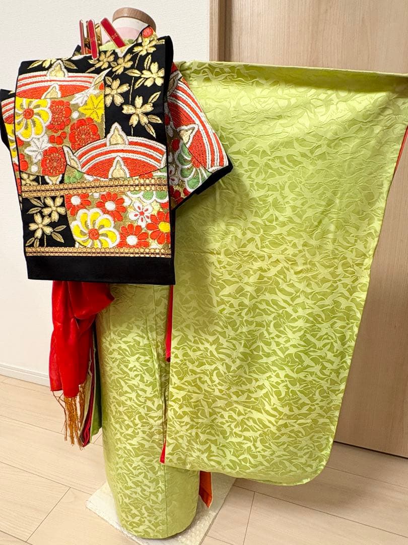 七五三 7歳 祝い着 正絹 黄緑 鶴 M2510282