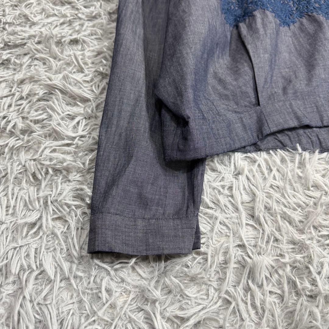 美品✨45R コットンフラワー刺繍リボンブラウス インディゴ ゆったり ドルマン