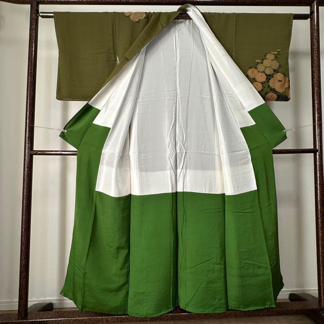 超美品　正絹　袷　着物　お召　訪問着　156 モスグリーン　緑　ヴィンテージ
