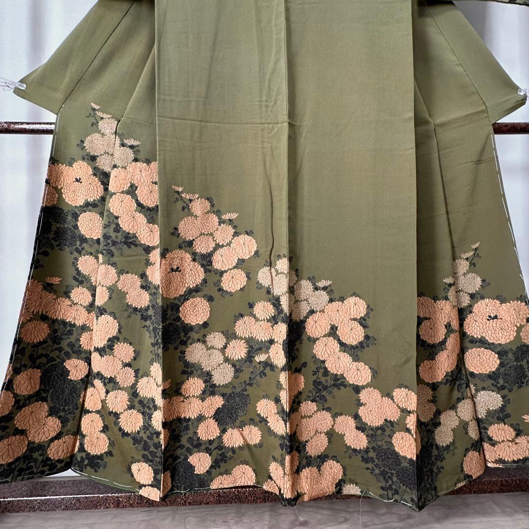 超美品　正絹　袷　着物　お召　訪問着　156 モスグリーン　緑　ヴィンテージ