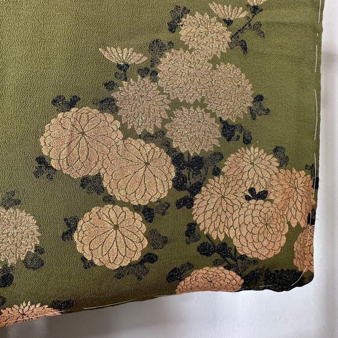 超美品　正絹　袷　着物　お召　訪問着　156 モスグリーン　緑　ヴィンテージ