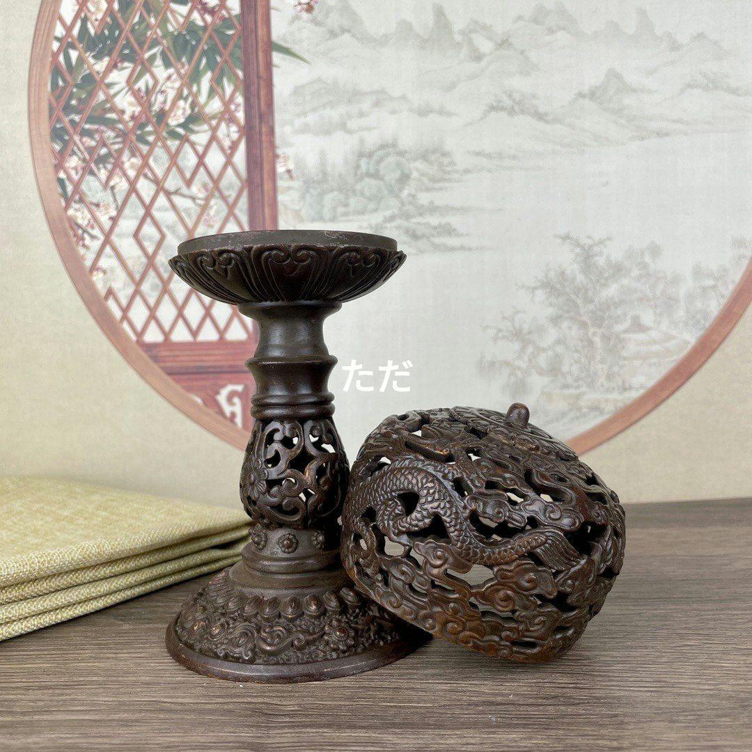 銅 細工 透かし彫り二龍戯珠祥雲盤竜薫る香炉 香道具 装飾品 工芸品 置物