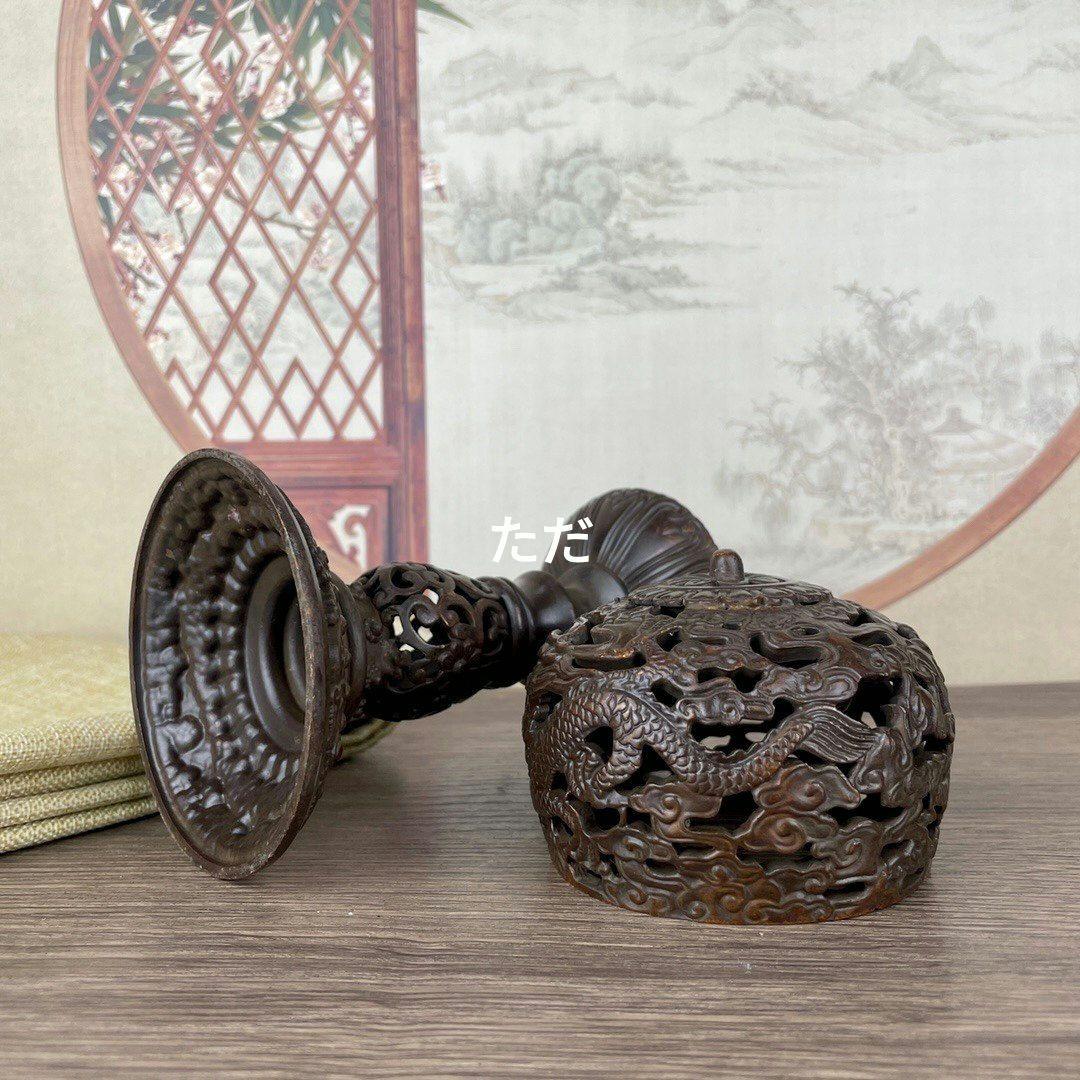 銅 細工 透かし彫り二龍戯珠祥雲盤竜薫る香炉 香道具 装飾品 工芸品 置物