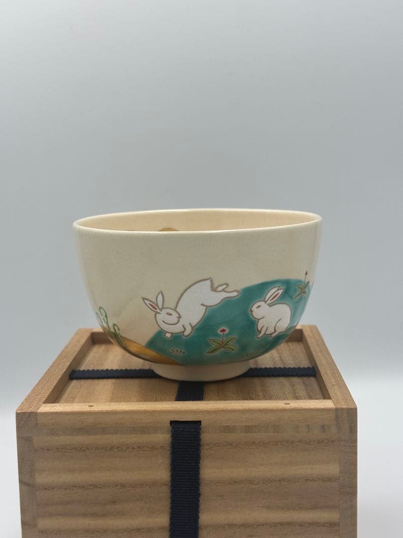 加藤利昇　京焼　仁清写　春兎　茶碗　共箱　略歴付　茶道具