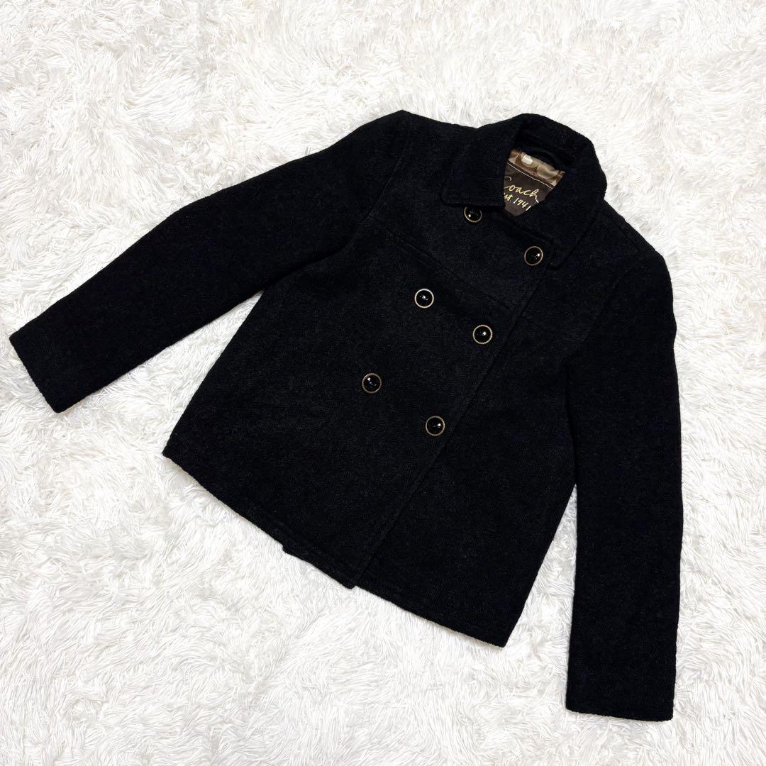 【美品】Coach Pコートシグネチャー柄 ブラック ダブルブレストジャケットS