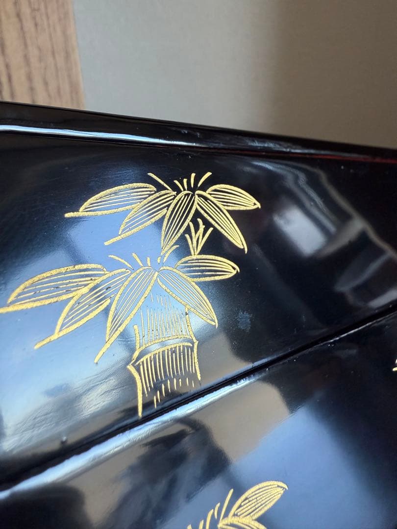 秋田 川連漆器 二段弁当箱 漆塗 沈金 天然木 木製 未使用品