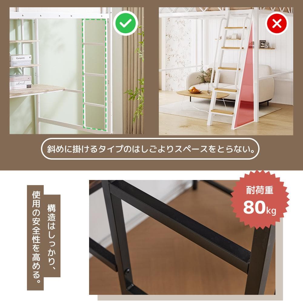 ロフトベッド シングル デスク付き ラック棚 ハシゴ付き スチール 一人暮らし