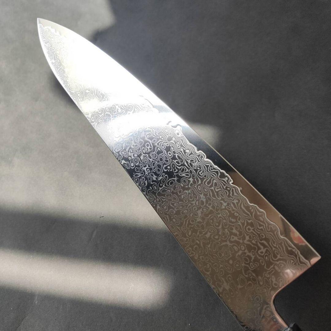 67層鏡面ダマスカスV金10号和牛刀240mm モダンマーブルレジン銀巻柄