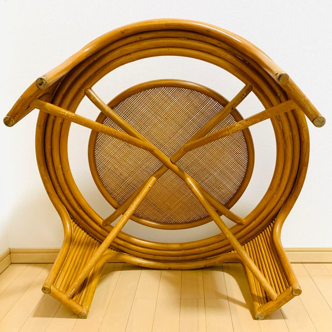 籐家具　　ラタンテーブル　ローテーブル　ガラス天板付き　丸テーブル　昭和レトロ