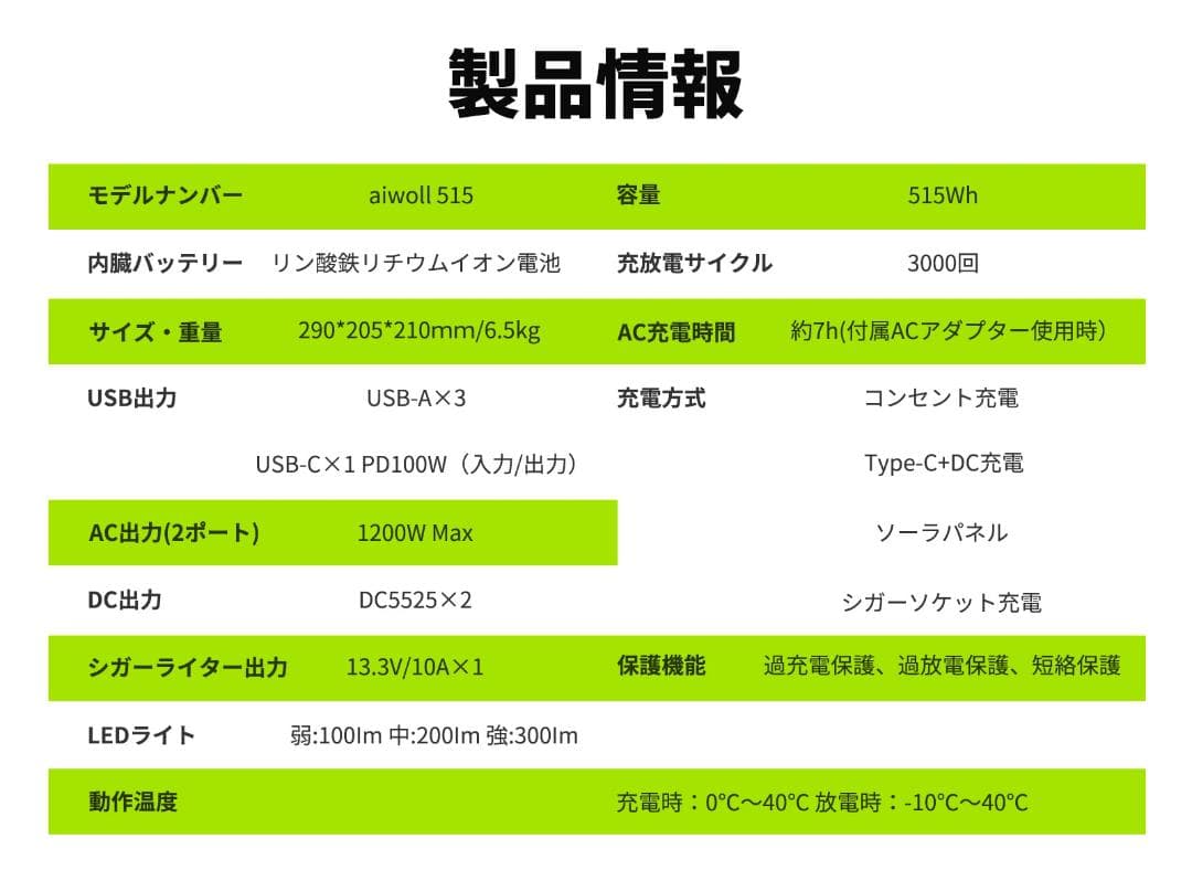 新品 AIWOLL ポータブル電源 515Wh 600W出力 リン酸鉄リチウム
