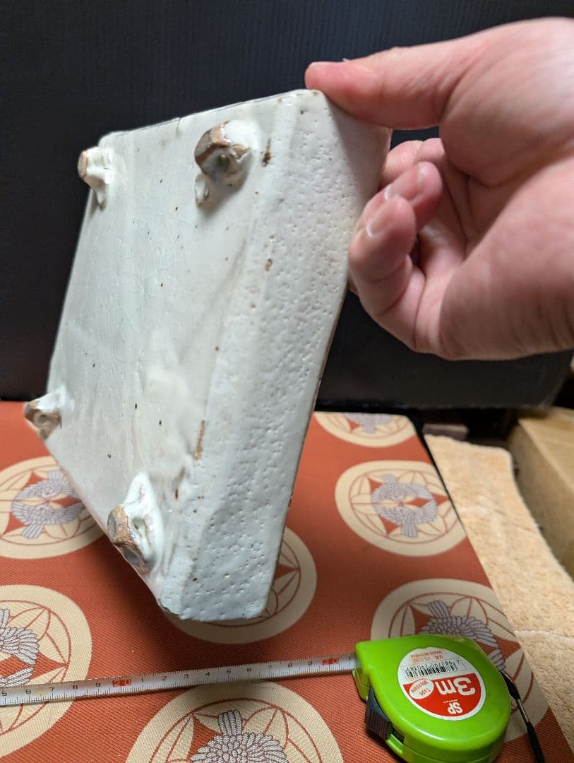 白磁時代物四角形の志野焼陶器皿 約20cm水盤