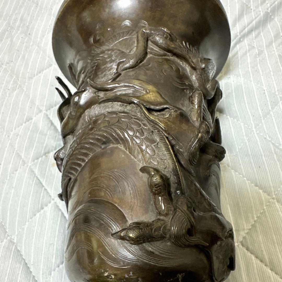 時代物 中国 日本 銅器 龍の置物 鶴亀 薄端 花器 金属工芸 花瓶 龍花瓶