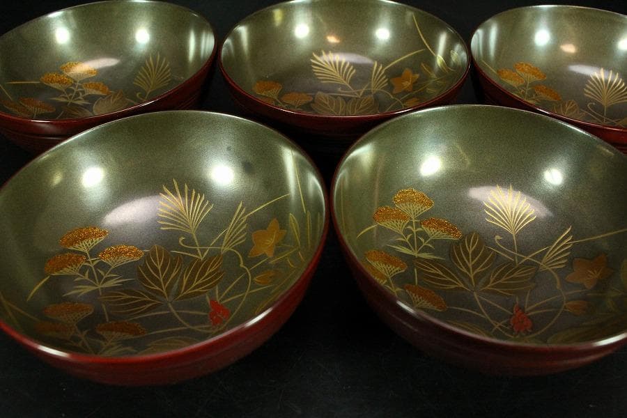 輪島塗 銀地草花紋 溜 糸目 椀 五客 極上(K-XA673)