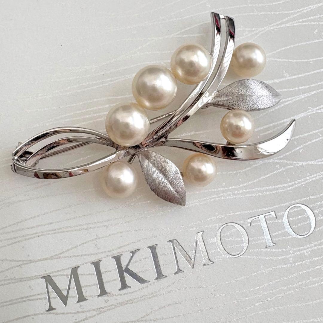 美品✨MIKIMOTO ブローチ あこや真珠 7珠 リーフM刻印 シルバー