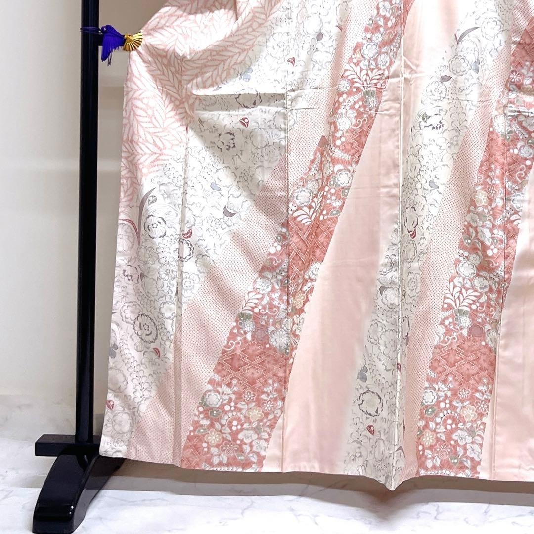 訪問着　紬　辻ヶ花　椿　藤　松皮菱　鹿の子　着物　030k