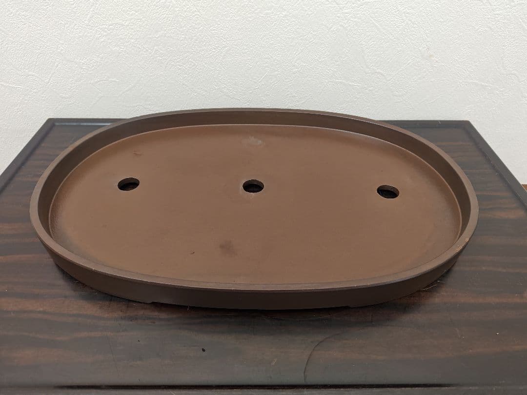 陶器製楕円形盆栽鉢 ブラウン 約45cm ×29cm×3.5cm薄型　落款　積徳
