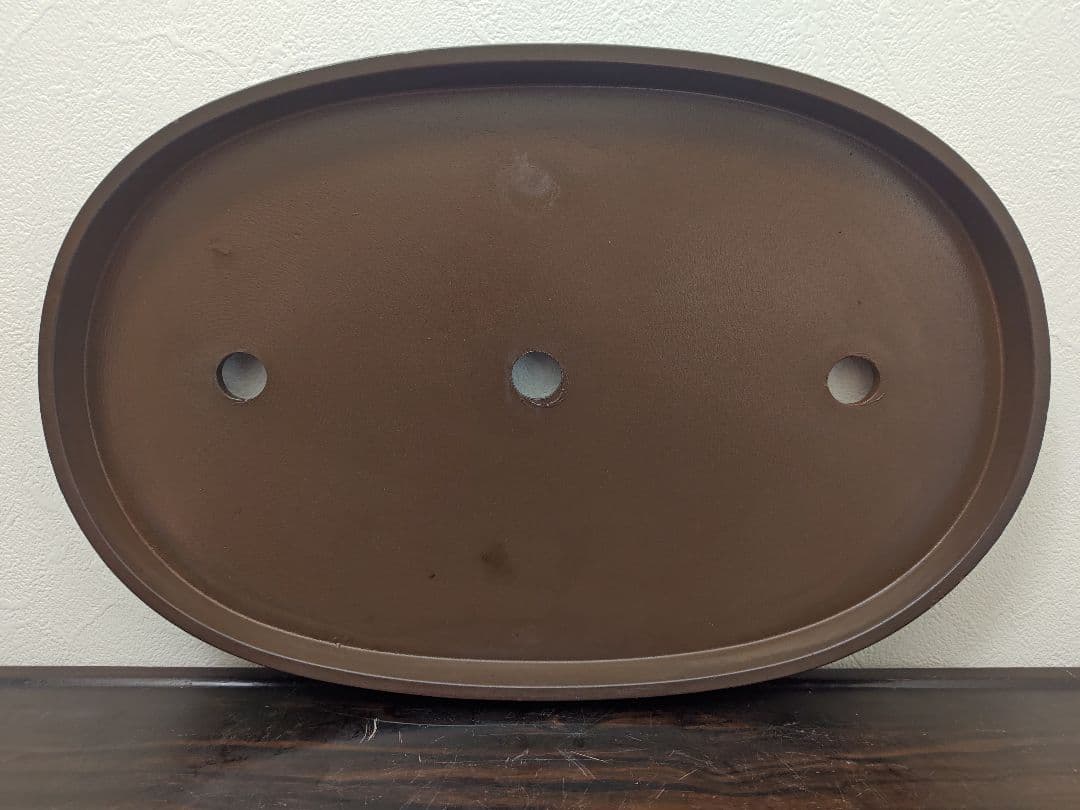 陶器製楕円形盆栽鉢 ブラウン 約45cm ×29cm×3.5cm薄型　落款　積徳