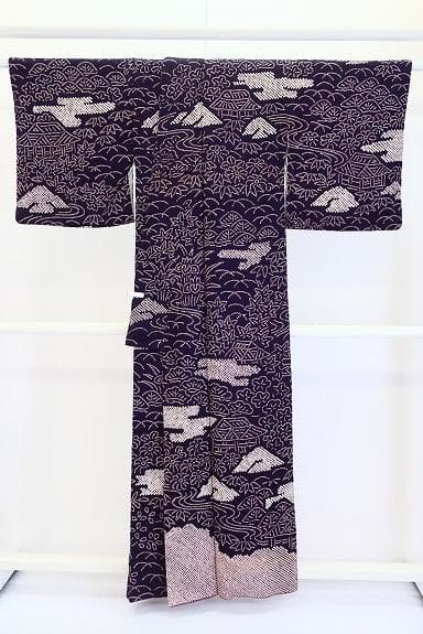 美品 訪問着 濃紫 絞り 風景柄 楓 松 花文 身丈158cm 裄丈69cm
