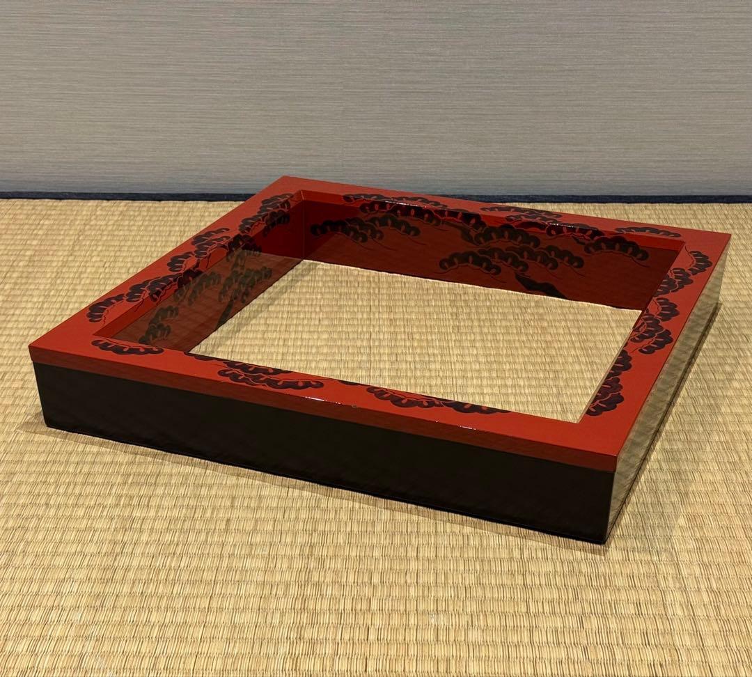 能登輪島塗 慶塚 朱塗老松蒔絵 炉縁 共箱 共布