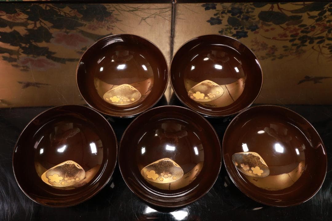 macaron BJ093 時代輪島塗　貝尽くし蒔絵　吸物椀　五客　木製