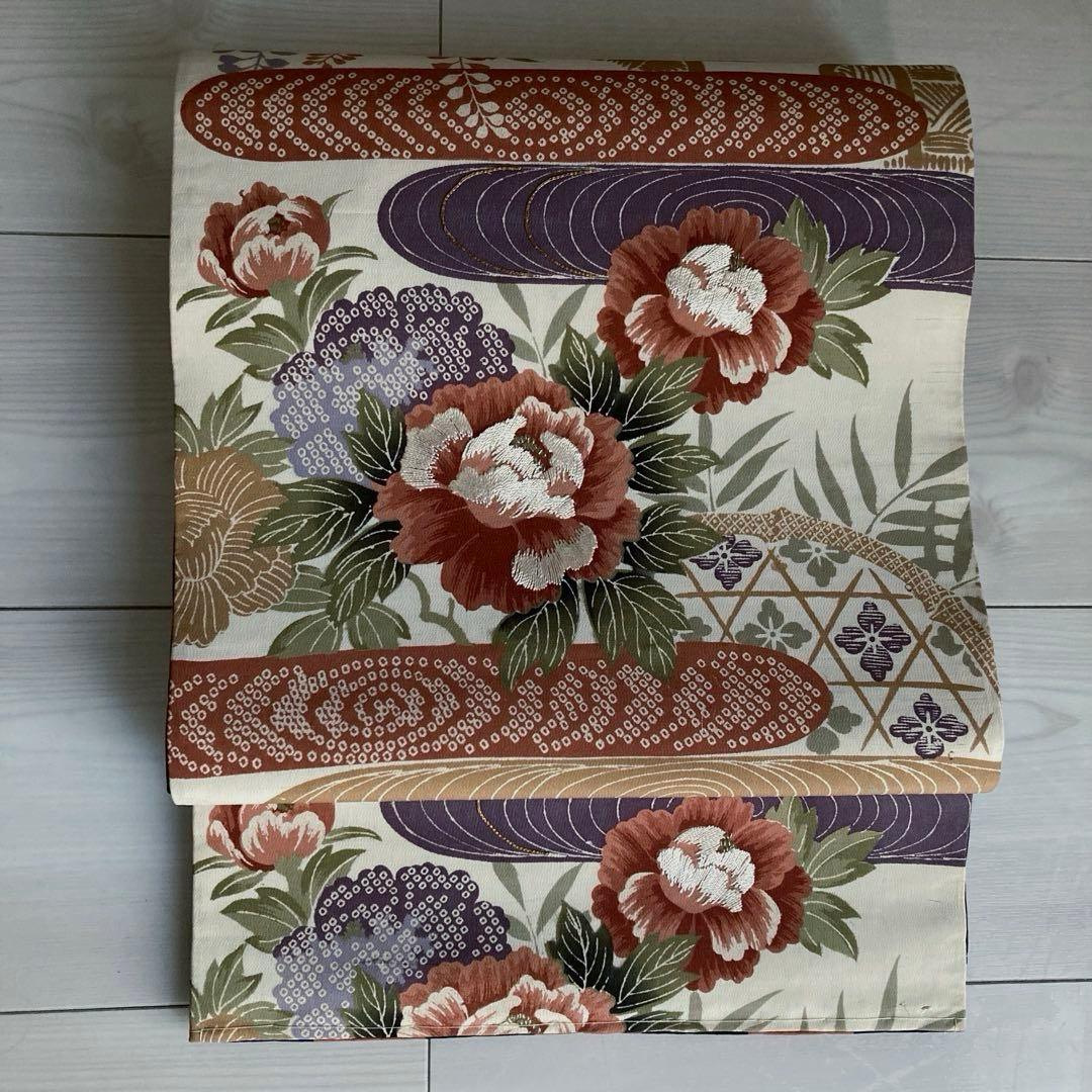 アンティーク京袋帯　しつけ糸付　アイボリー 牡丹・金駒刺繍　正絹　N1-25