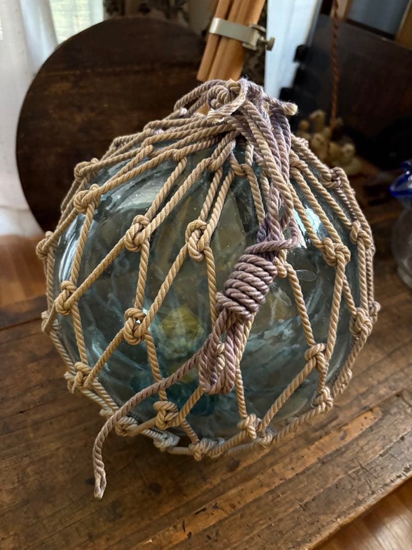 【特大25cm】ヴィンテージ 浮ガラス 浮き玉 吹きガラス 網付レトロ オブジェ