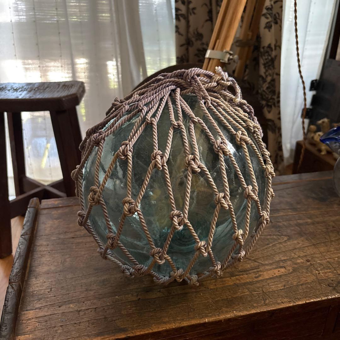 【特大25cm】ヴィンテージ 浮ガラス 浮き玉 吹きガラス 網付レトロ オブジェ