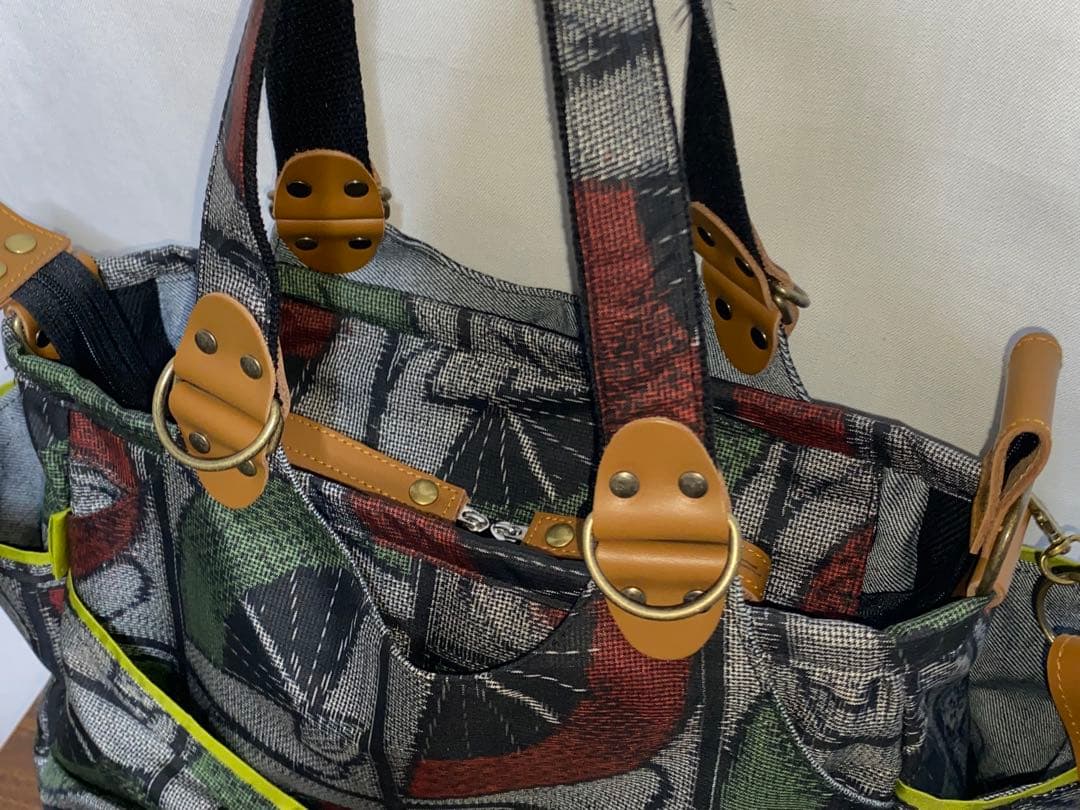 大島紬&岡山デニム☆Mサイズ☆4way♪あおりバッグ☆ポーチ付き