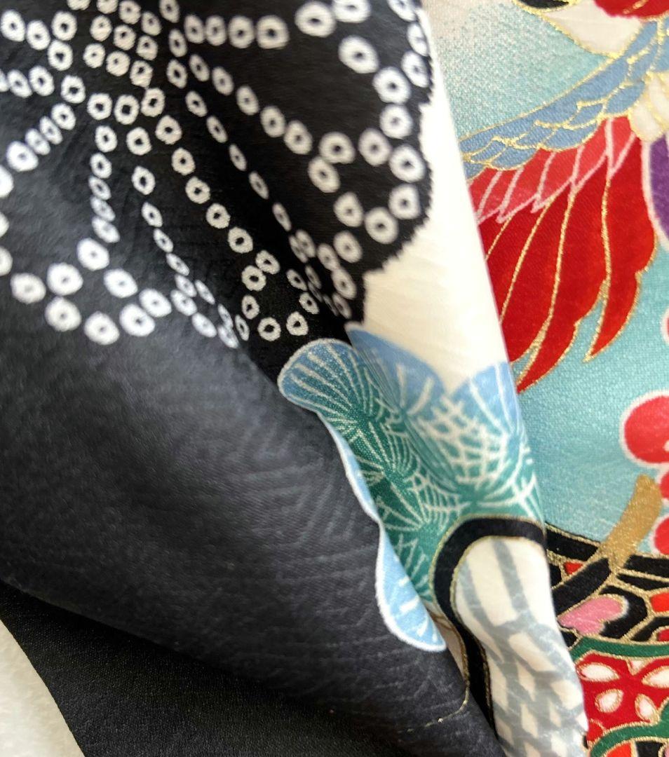 セット　七五三 ７歳女の子 長着＆袖なし長襦袢＆帯＆小物　黒×赤　金糸花御所車鶴