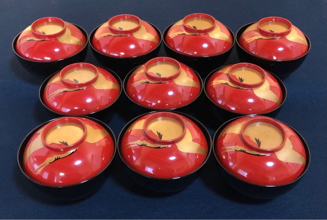割引❗️《R》日の出椀5客 鶴波蒔絵 吸物椀 木製漆器 時代 251218か1