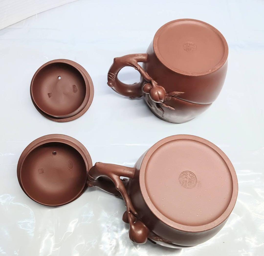 中国 茶器 マグカップ 蓋付き 桃 2客 ペアセット 刻印有 骨董 アンティーク