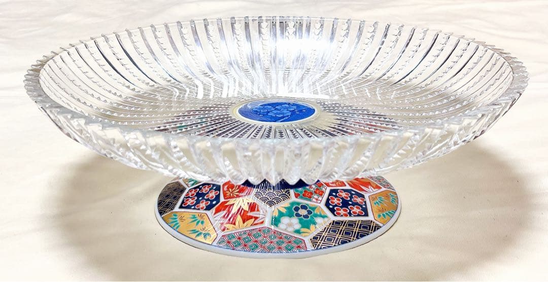 高級創作陶芸　波佐見焼　林九郎窯　古伊万里亀甲　ガラスコンポ－ト　高台付き超大皿