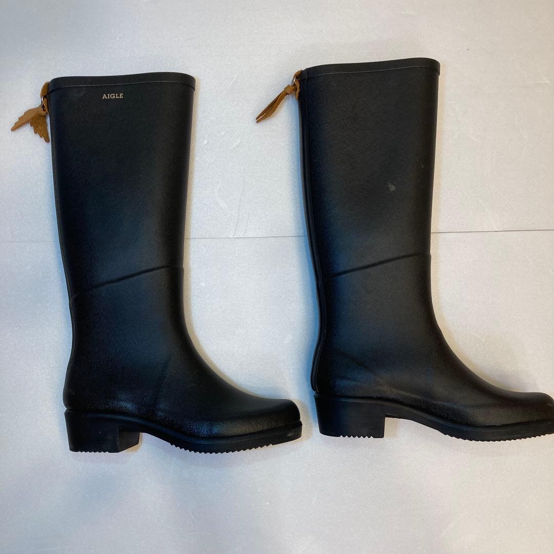AIGLE ブラック長靴 レザー装飾付き
