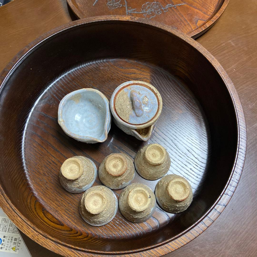 期間限定お値引き‼️烏城彫　茶櫃(ちゃびつ) 梅とザクロ　萩焼セット付き