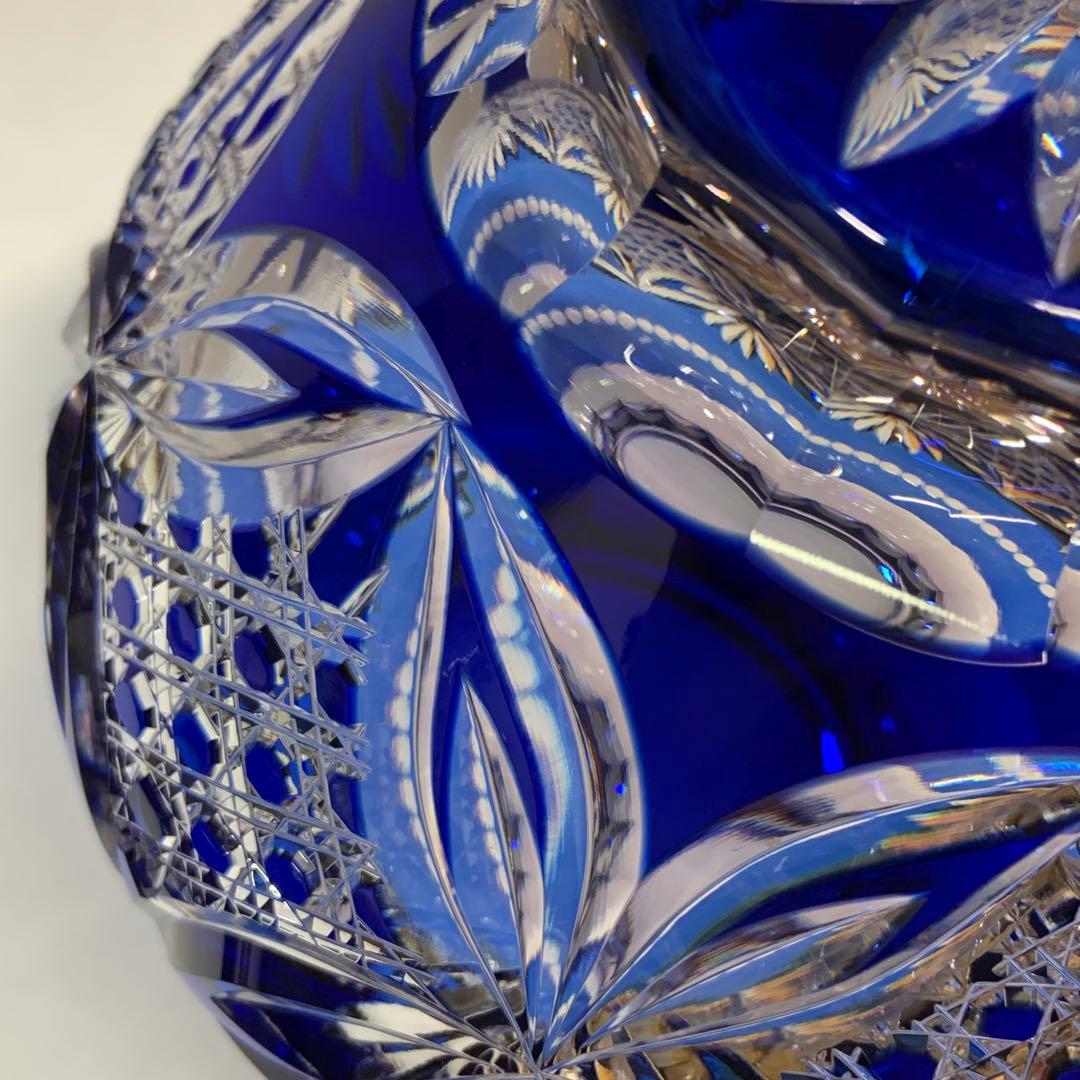 【未使用】カガミクリスタル 江戸切子 花瓶 伝統工芸士木村秋男氏デザイン 青色