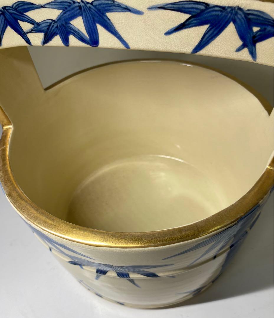 【茶道具】玉堂造　色絵竹手桶水指（共箱）塗蓋　表完造