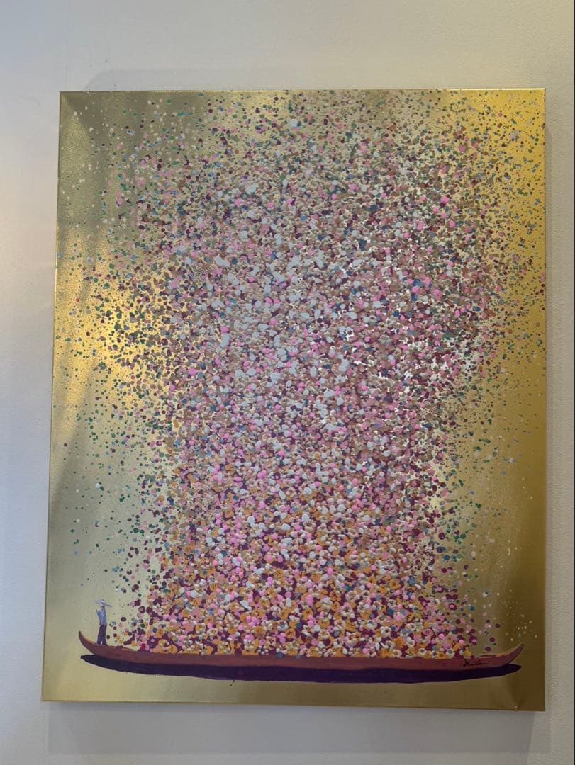 フラワーボート ゴールドピンク 100x80cm タッチドピクチャー 壁画 絵画