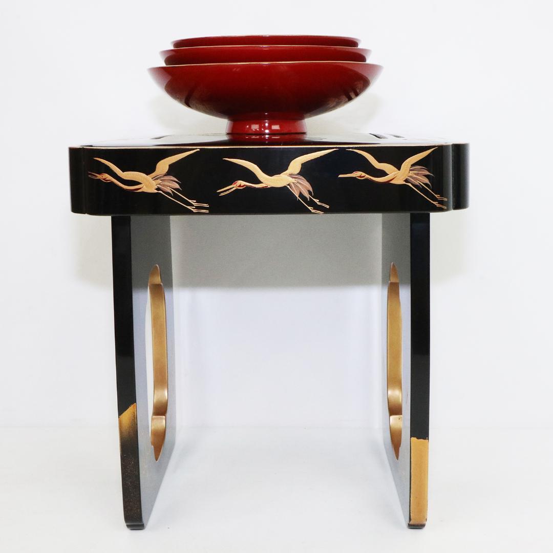 時代漆器 朱漆塗 鶴亀山水 松竹梅 縁起物 蒔絵 三ツ重盃 木製