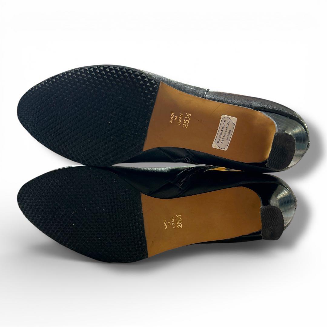 エレガンス卑弥呼 ショートブーツ サイドジップ リボンベルト 25.5 本革黒