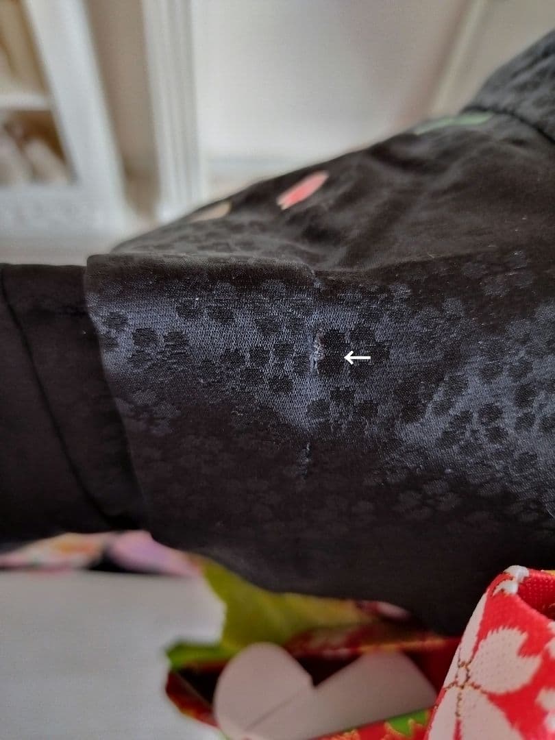 正絹黒色にぼかしの花模様の着物と作り帯のフルセット