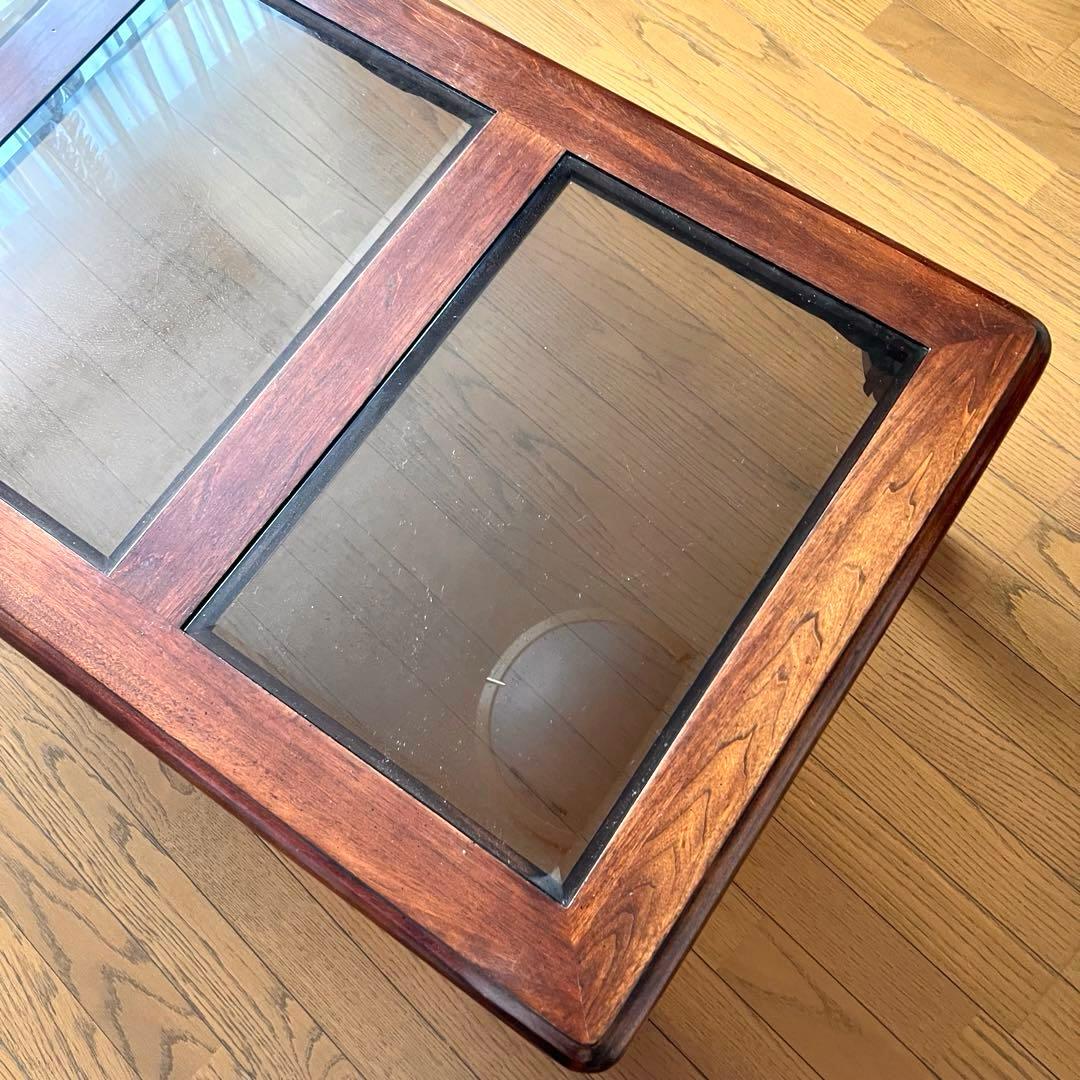 木製座卓 ガラス天板 ダークブラウン アンティークテーブル アメリカ輸入家具