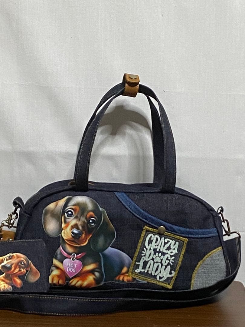 ハンドメイド☆岡山デニム☆ダックスフンド☆3way横長ボストンバッグ