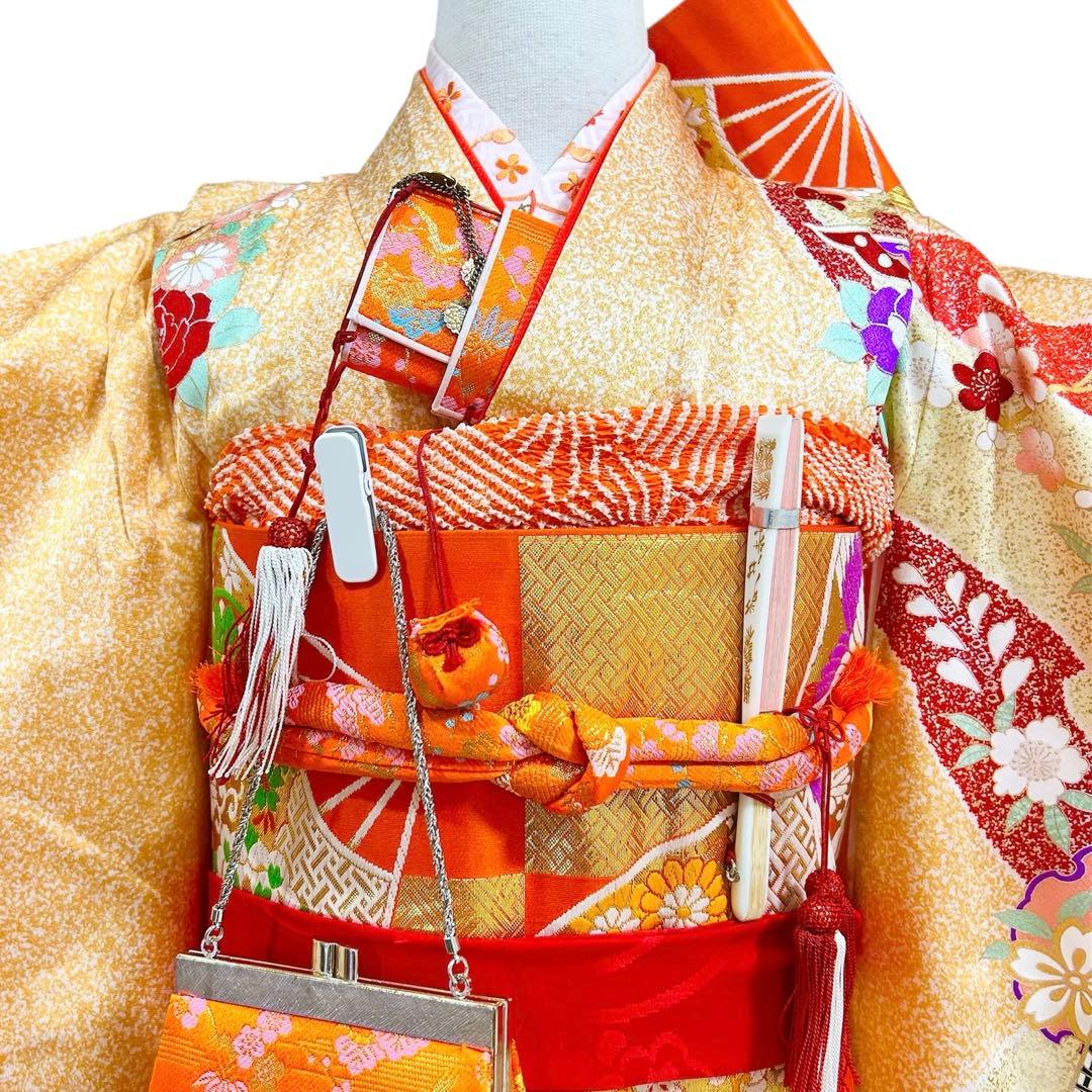 着物　七五三　7歳　女の子　13点　フルセット　オレンジ　御所車　花文　吉祥文様