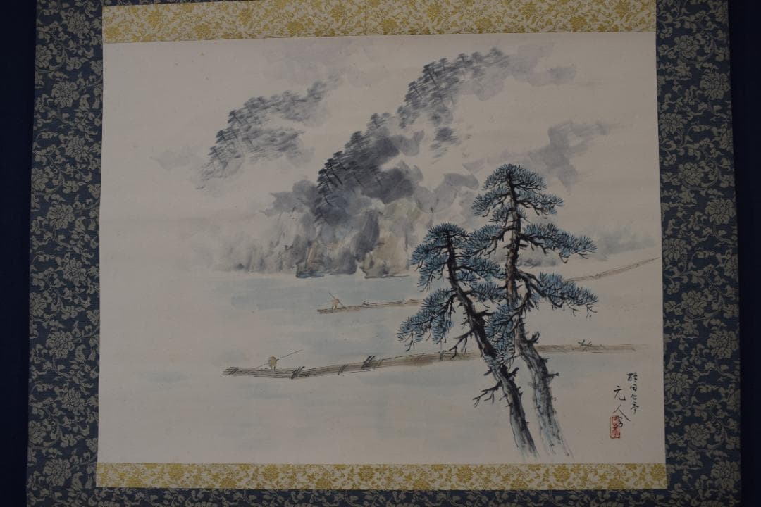 【真作】杉原元人/嵐峡図/嵐山山水図/横物/掛軸☆宝船☆Y-620　JM