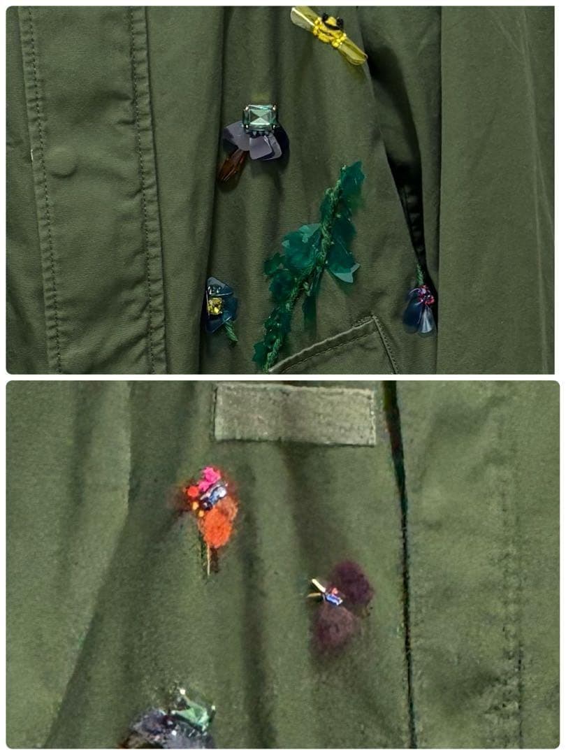 MUVEIL アクリル刺繍モッズコート　ブルーフォックスファー　フード　38