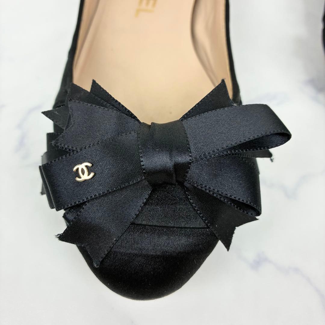 シャネル　パンプス　サテンリボン　ココマーク　バレエシューズ