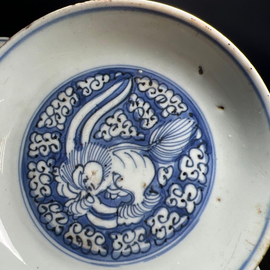 中国明時代　古染付龍図中皿10枚　木箱付　直径約13㎝　東Y8-0114☆2F