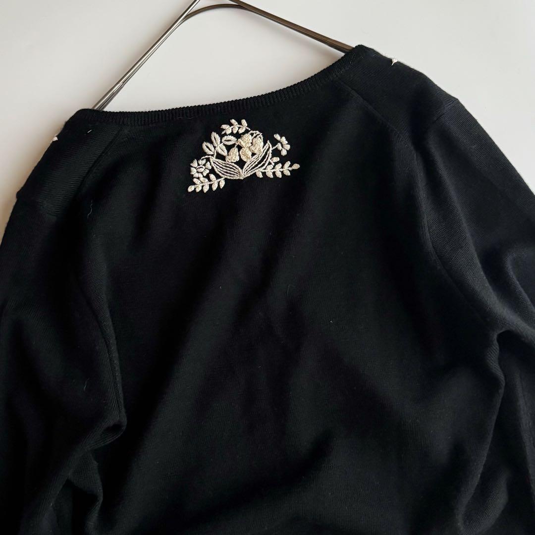 ケイタマルヤマ ウールカシミヤ ニット カーディガン 花刺繍 黒 1 フラワー
