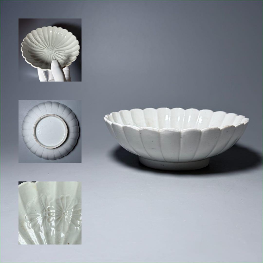 江戸中期　白磁菊花形膾皿　陽刻菊花文様　粉挽　古陶を楽しむ　17cm　大きめ