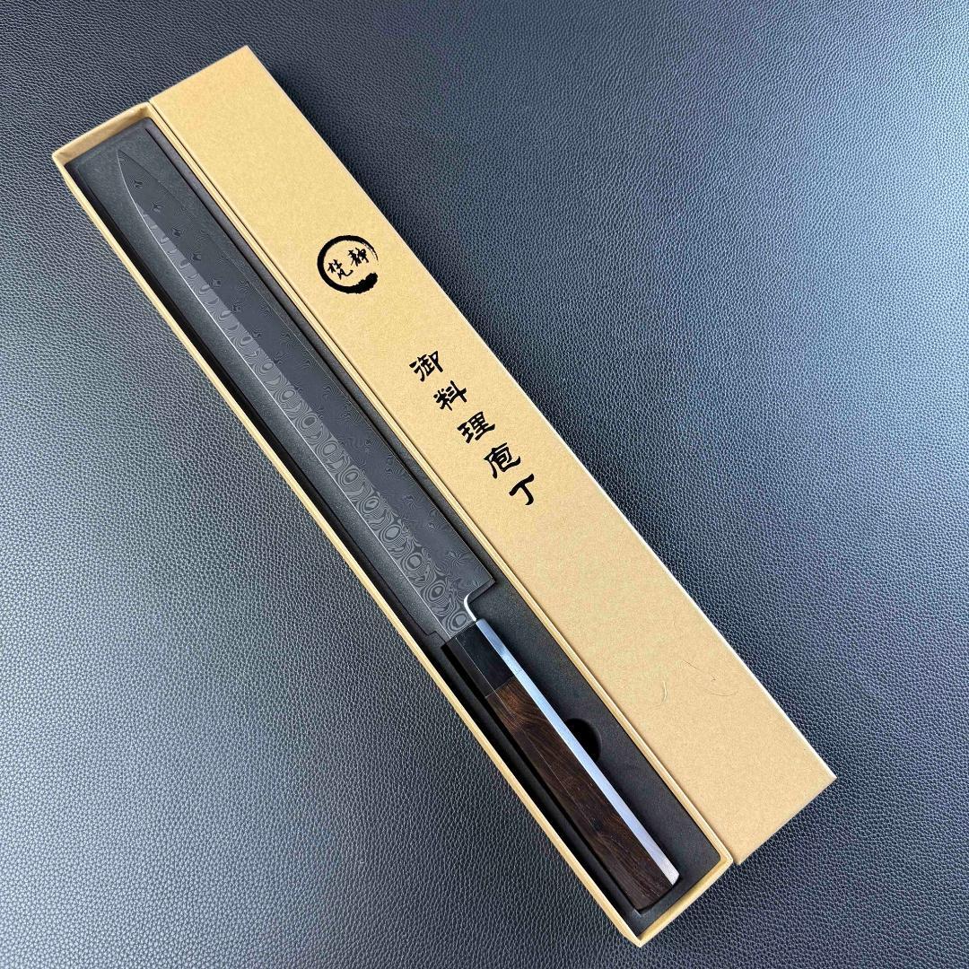 9434新品 ダマスカス 柳刃包丁 尺一 風紋の刃 105層 黒檀黒水牛角八角柄